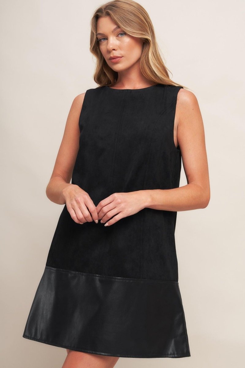 CITY SLEEK FAUX SUEDE AND LEATHER SHIFT DRESS - HOUSE OF SHE