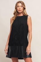 CITY SLEEK FAUX SUEDE AND LEATHER SHIFT DRESS - HOUSE OF SHE