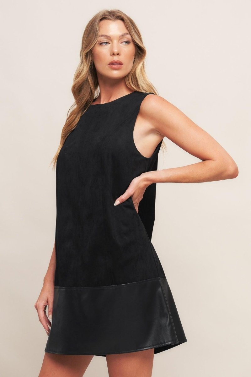 CITY SLEEK FAUX SUEDE AND LEATHER SHIFT DRESS - HOUSE OF SHE