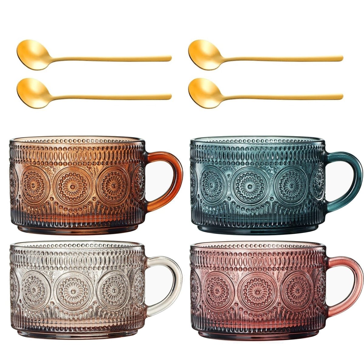 Colored Vintage Coffee Mug Set Set Of 4 15OZ Unique Flower Hobnail Glasses Overnight Oats Container - HOUSE OF SHE