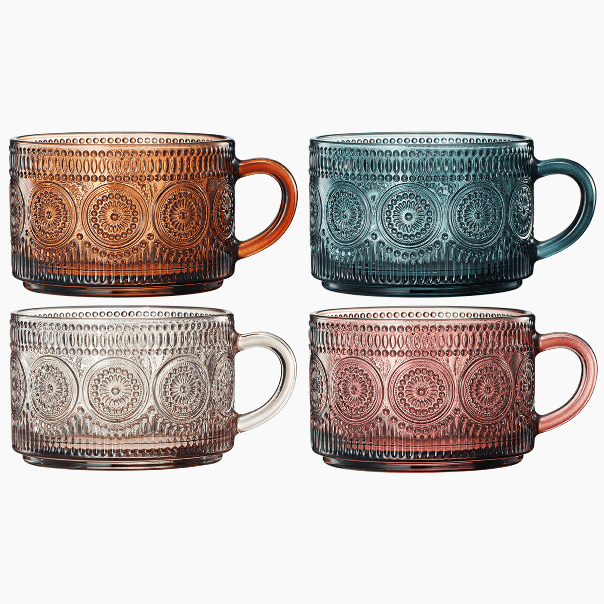 Colored Vintage Coffee Mug Set Set Of 4 15OZ Unique Flower Hobnail Glasses Overnight Oats Container - HOUSE OF SHE