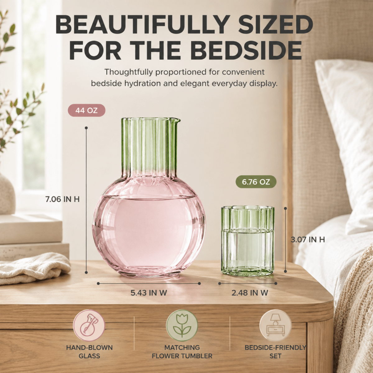 Colorful Carafe & Ribbed Flower Cup Set | 44oz Glasses - HOUSE OF SHE