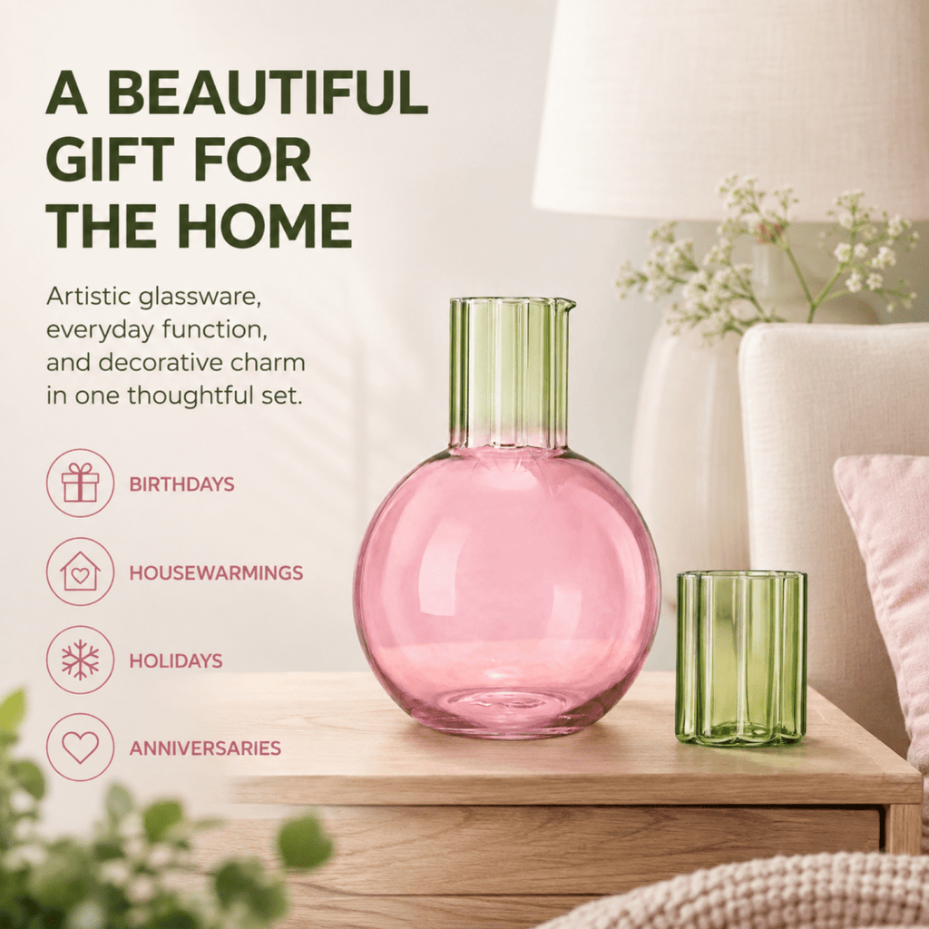 Colorful Carafe & Ribbed Flower Cup Set | 44oz Glasses - HOUSE OF SHE