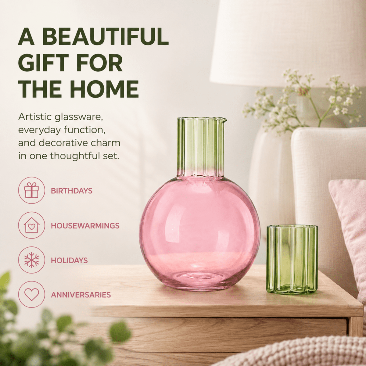 Colorful Carafe & Ribbed Flower Cup Set | 44oz Glasses - HOUSE OF SHE