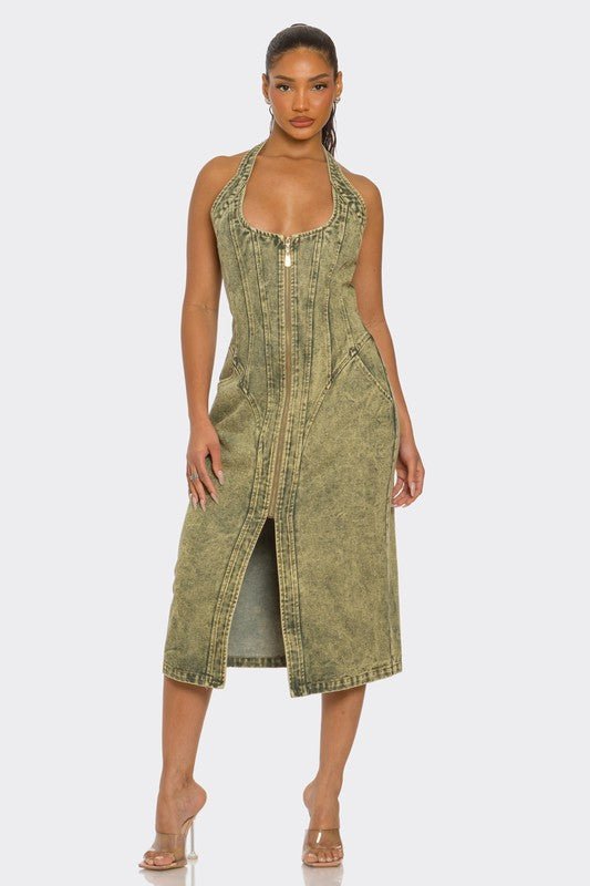 Contour Fit Zip - Front Denim Midi Dress - HOUSE OF SHE