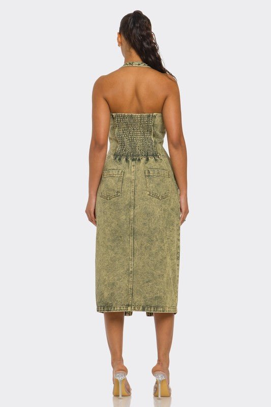 Contour Fit Zip - Front Denim Midi Dress - HOUSE OF SHE