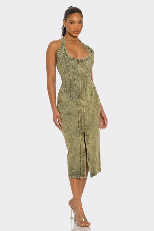 Contour Fit Zip - Front Denim Midi Dress - HOUSE OF SHE