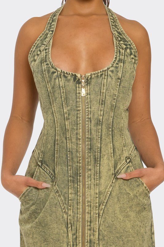 Contour Fit Zip - Front Denim Midi Dress - HOUSE OF SHE