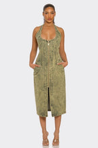 Contour Fit Zip - Front Denim Midi Dress - HOUSE OF SHE
