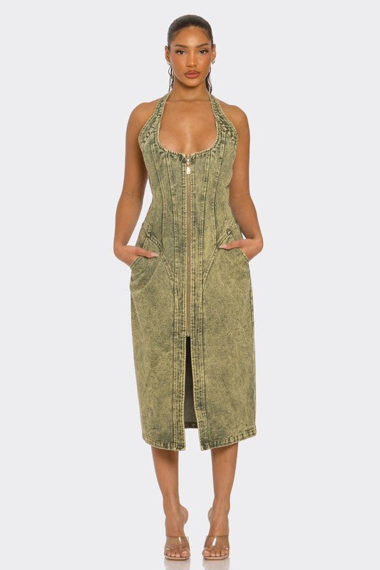 Contour Fit Zip - Front Denim Midi Dress - HOUSE OF SHE