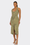 Contour Fit Zip - Front Denim Midi Dress - HOUSE OF SHE
