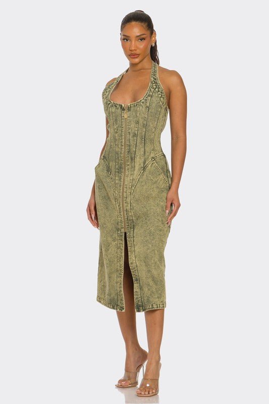 Contour Fit Zip - Front Denim Midi Dress - HOUSE OF SHE