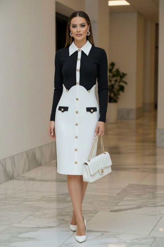 Contrast Scallop Panel Bandage Midi Dress - HOUSE OF SHE