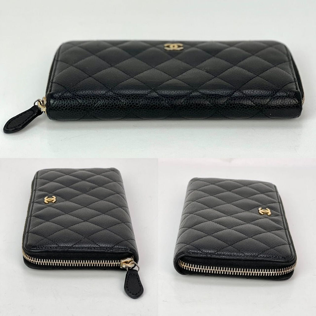 Chanel Caviar Quilted Large Gusset  Zip Around Black Wallet - HOUSE OF SHE