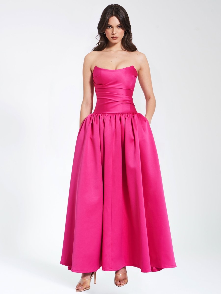 Damsel Fuchsia Satin Strapless Corset Gown - HOUSE OF SHE
