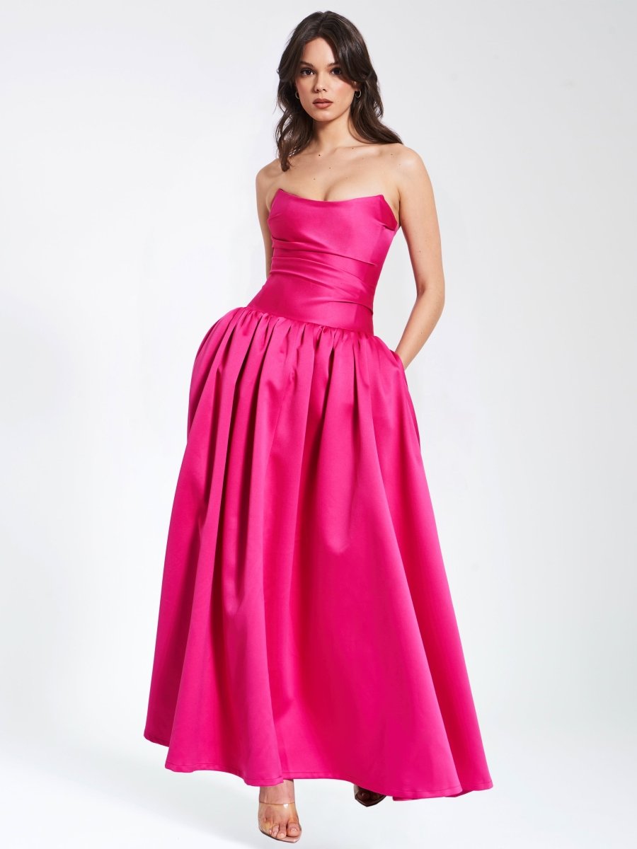 Damsel Fuchsia Satin Strapless Corset Gown - HOUSE OF SHE