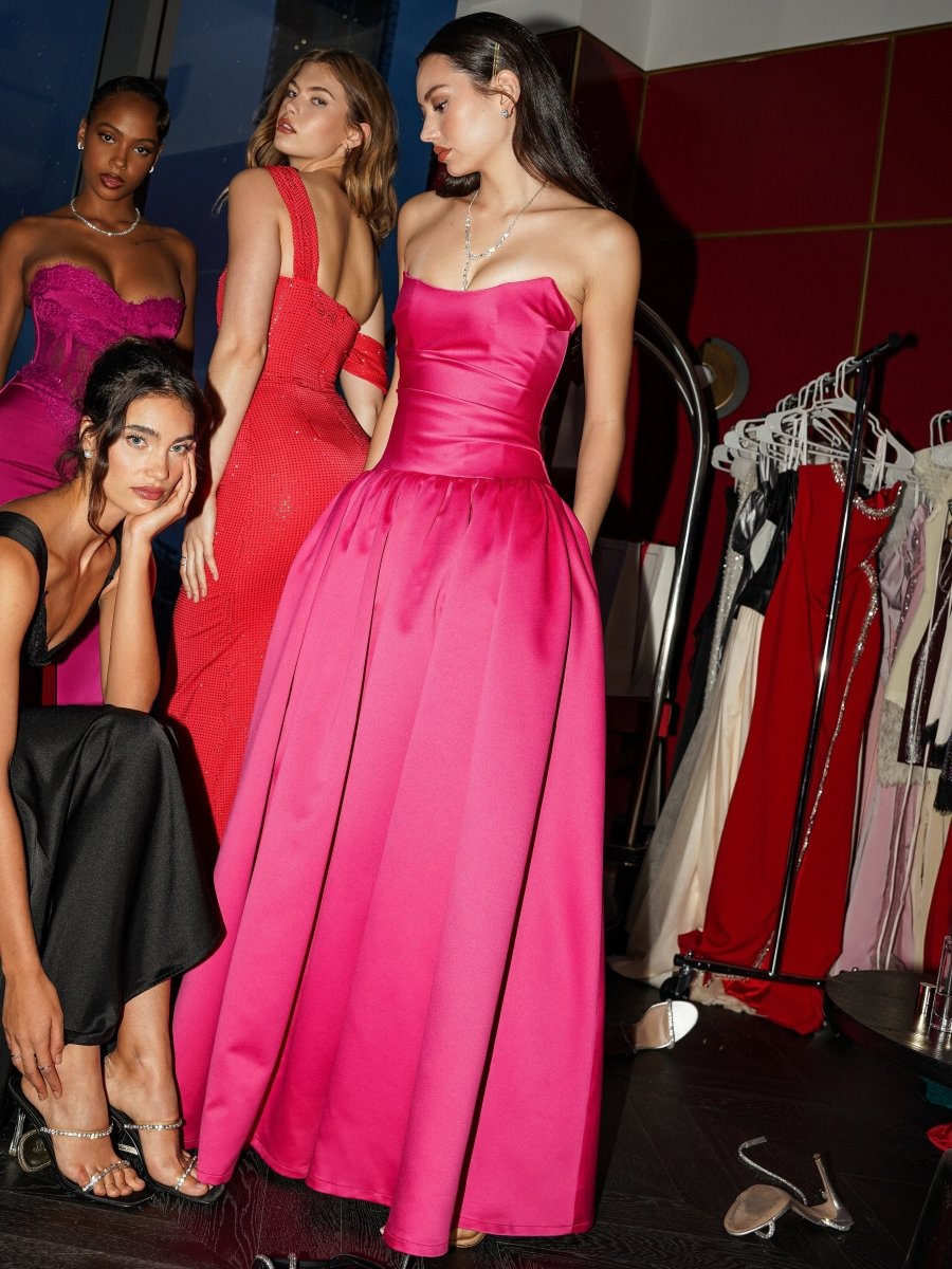 Damsel Fuchsia Satin Strapless Corset Gown - HOUSE OF SHE
