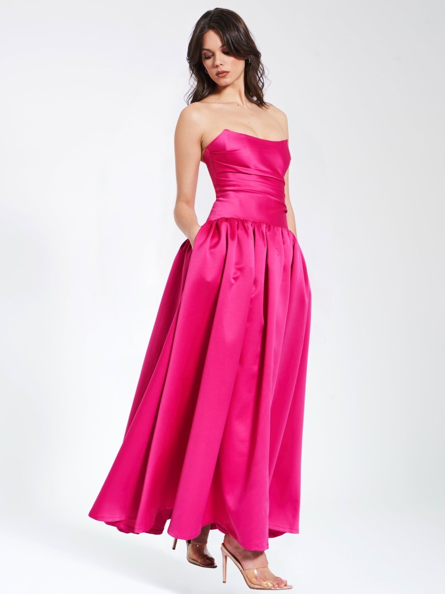 Damsel Fuchsia Satin Strapless Corset Gown - HOUSE OF SHE