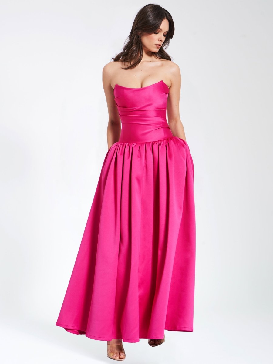 Damsel Fuchsia Satin Strapless Corset Gown - HOUSE OF SHE