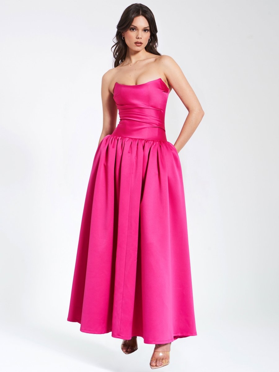 Damsel Fuchsia Satin Strapless Corset Gown - HOUSE OF SHE