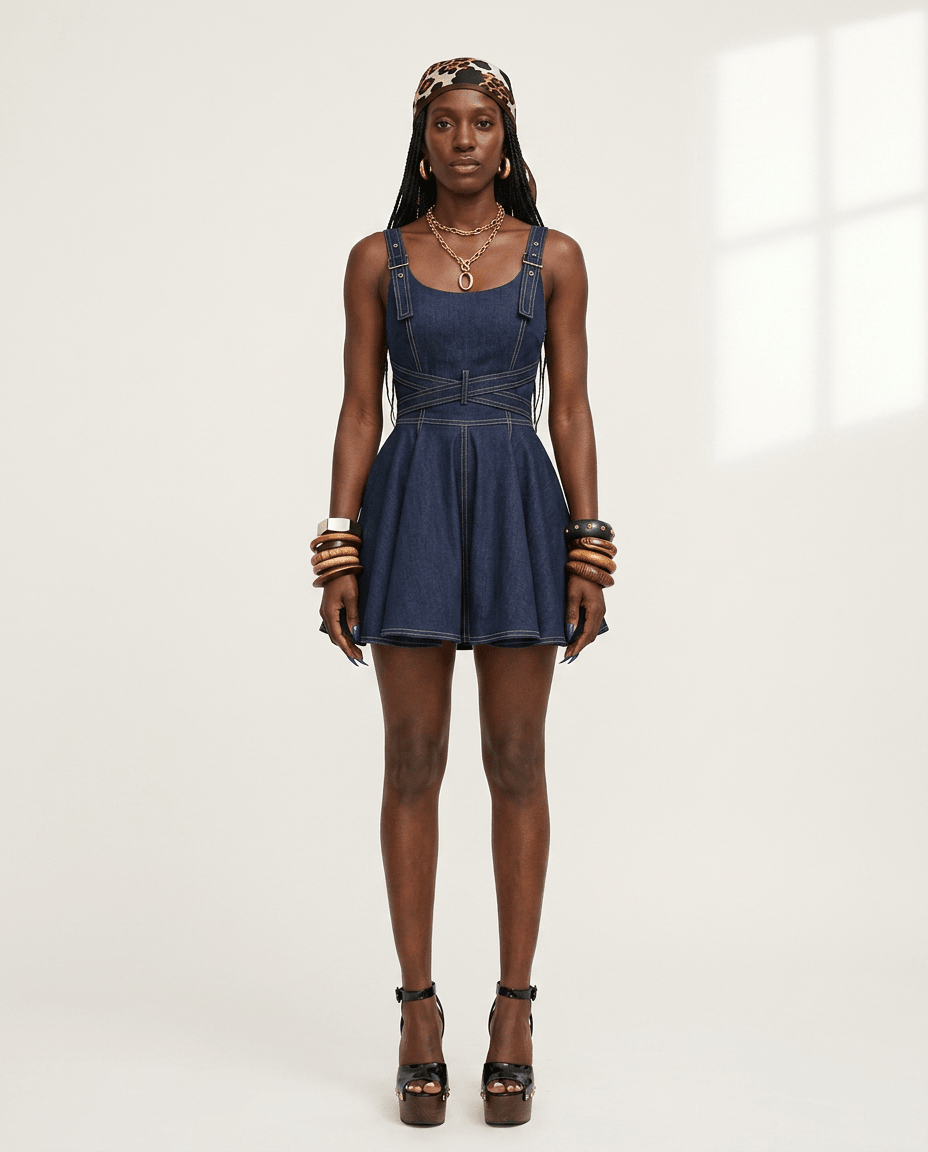 Daring Denim Flared Mini Dress - HOUSE OF SHE