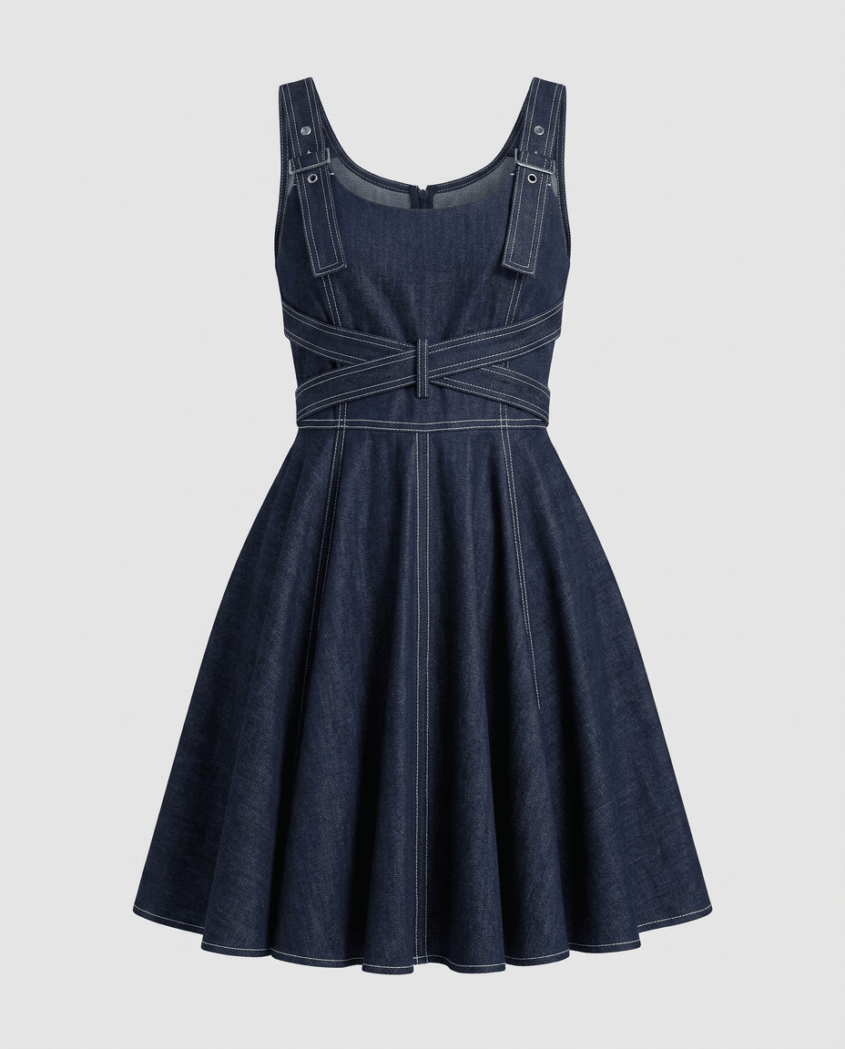 Daring Denim Flared Mini Dress - HOUSE OF SHE