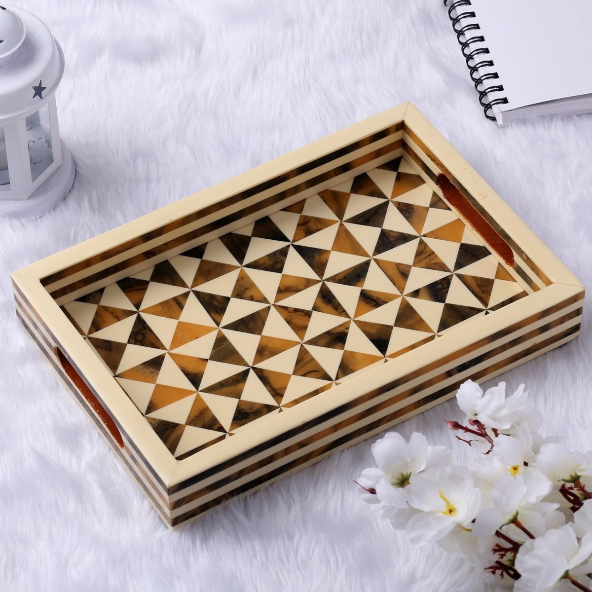 Decorative Tray Triangle Pattern Resin Inlay Brown -12"x 8" - HOUSE OF SHE