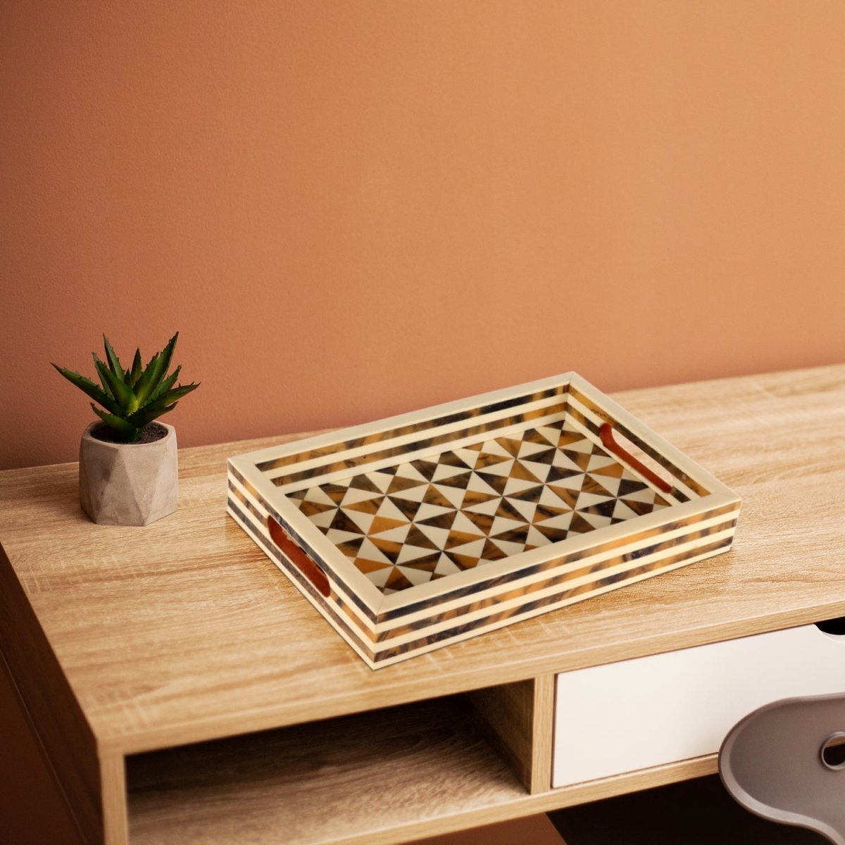 Decorative Tray Triangle Pattern Resin Inlay Brown -12"x 8" - HOUSE OF SHE