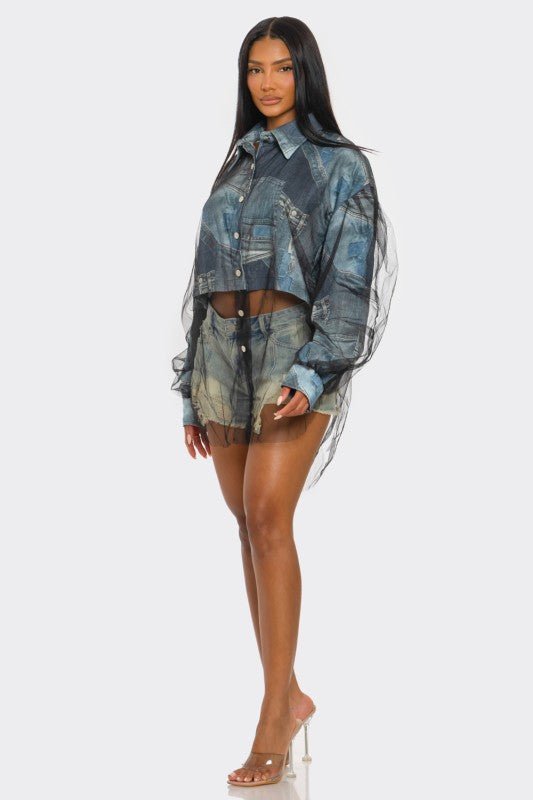 Denim Mesh Illusion Oversized Shirt - HOUSE OF SHE