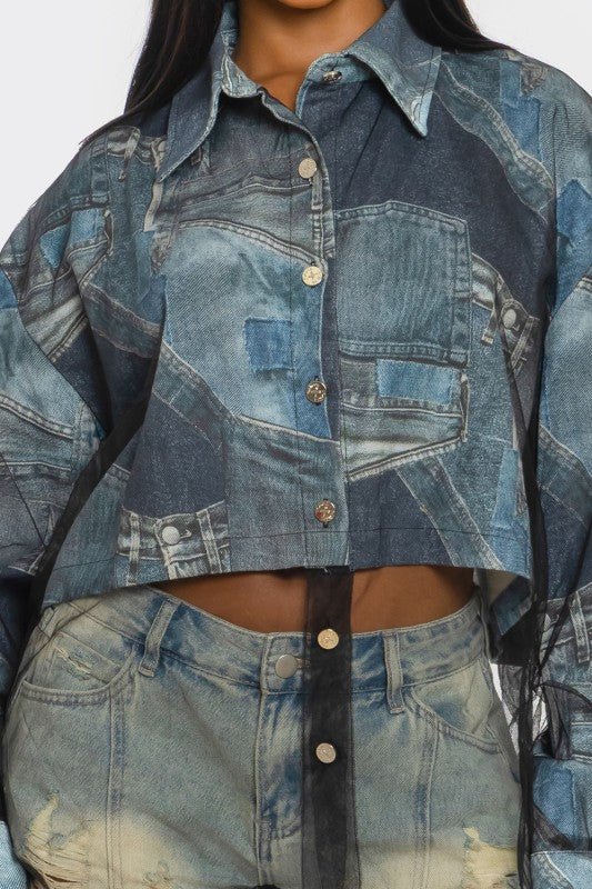 Denim Mesh Illusion Oversized Shirt - HOUSE OF SHE