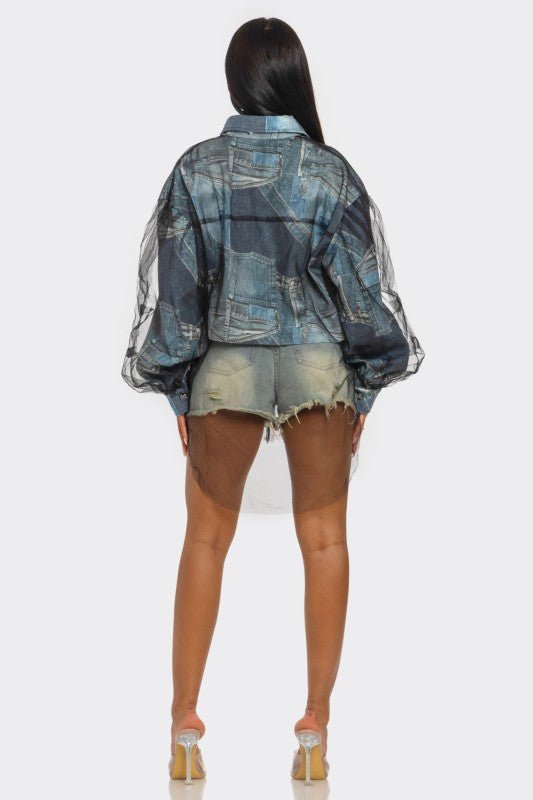 Denim Mesh Illusion Oversized Shirt - HOUSE OF SHE