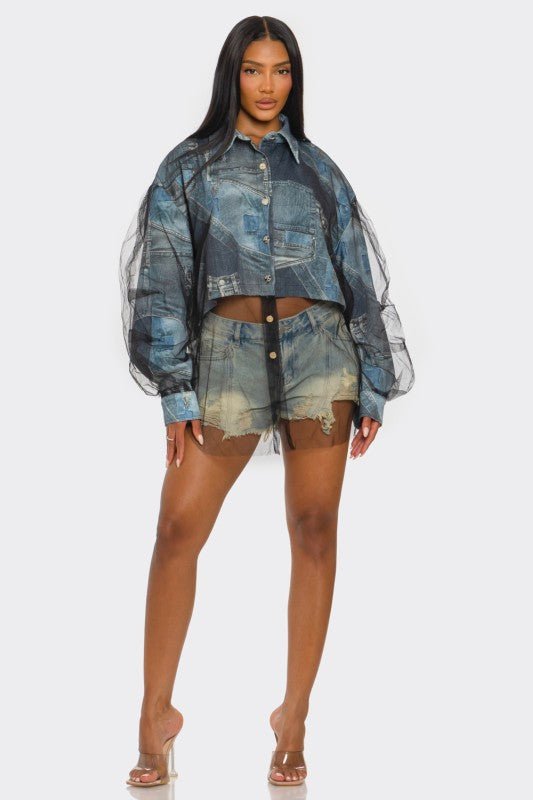 Denim Mesh Illusion Oversized Shirt - HOUSE OF SHE