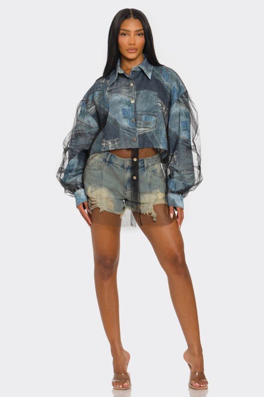 Denim Mesh Illusion Oversized Shirt - HOUSE OF SHE