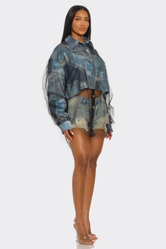 Denim Mesh Illusion Oversized Shirt - HOUSE OF SHE