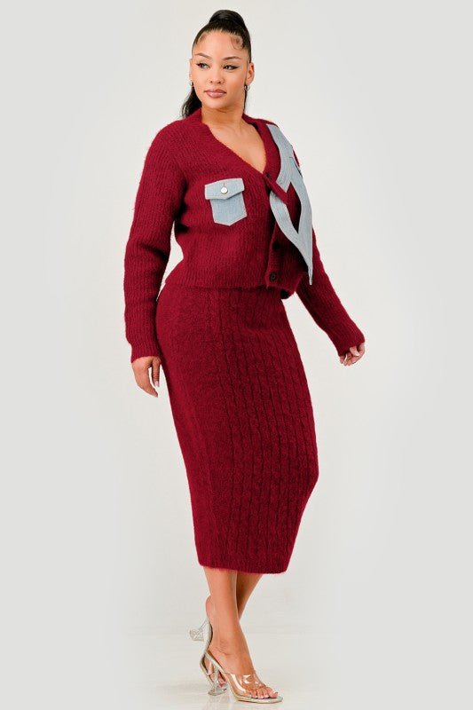 Denim Patchwork Knit Two - Piece Skirt Set - HOUSE OF SHE