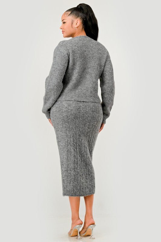 Denim Patchwork Knit Two - Piece Skirt Set - HOUSE OF SHE