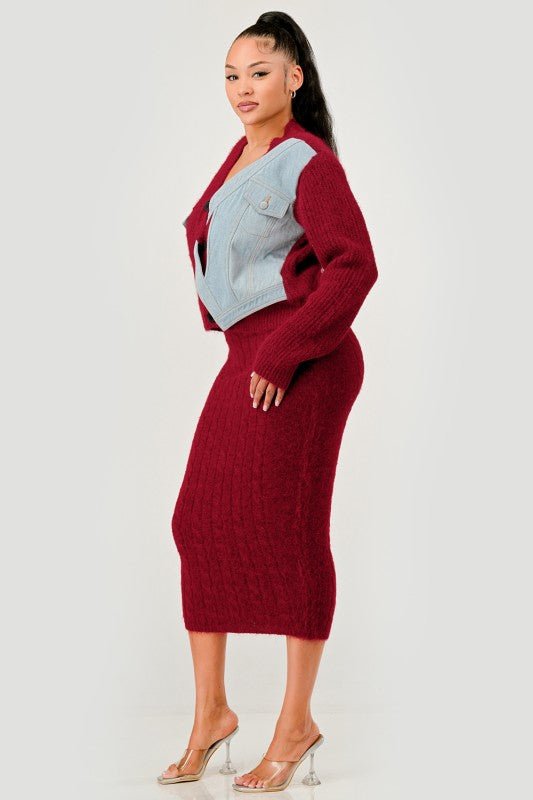 Denim Patchwork Knit Two - Piece Skirt Set - HOUSE OF SHE