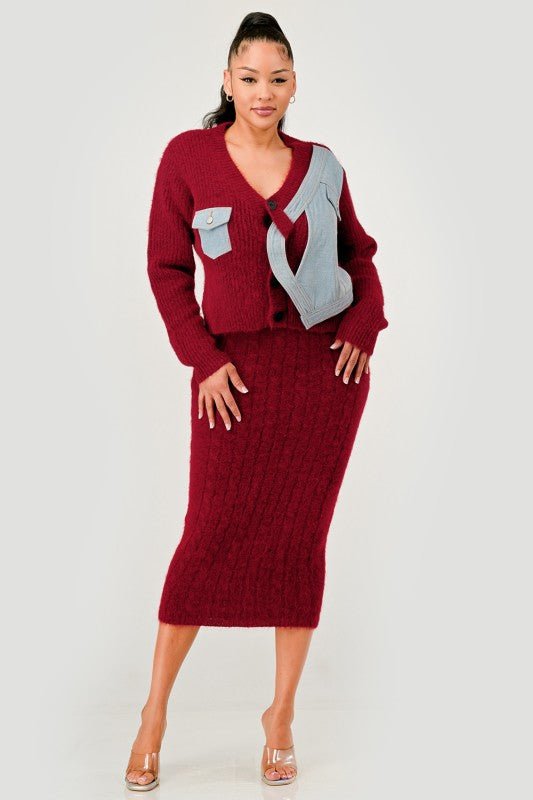 Denim Patchwork Knit Two - Piece Skirt Set - HOUSE OF SHE