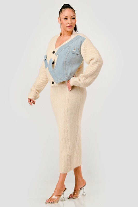 Denim Patchwork Knit Two - Piece Skirt Set - HOUSE OF SHE