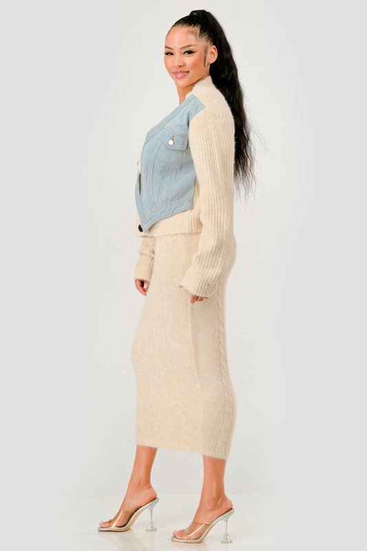 Denim Patchwork Knit Two - Piece Skirt Set - HOUSE OF SHE