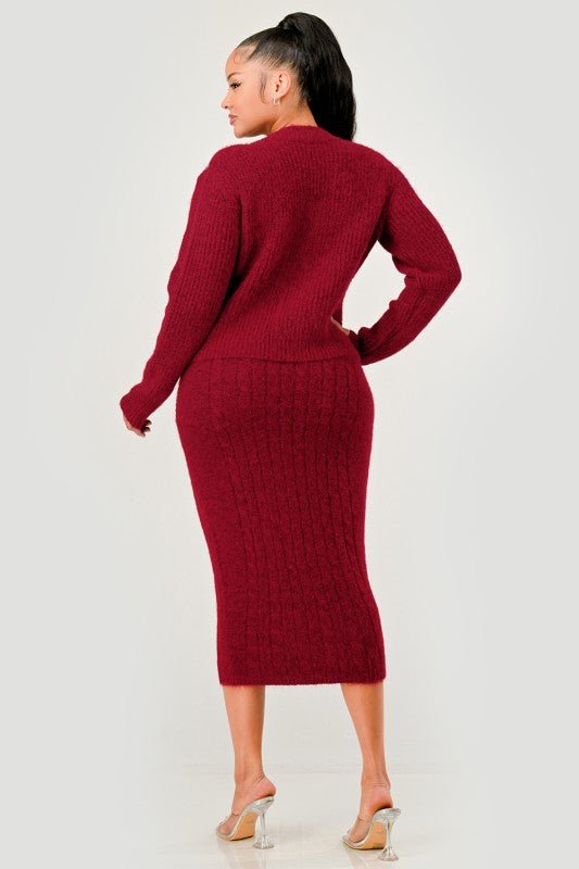 Denim Patchwork Knit Two - Piece Skirt Set - HOUSE OF SHE