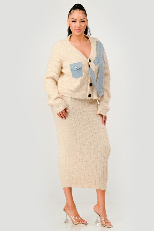 Denim Patchwork Knit Two - Piece Skirt Set - HOUSE OF SHE