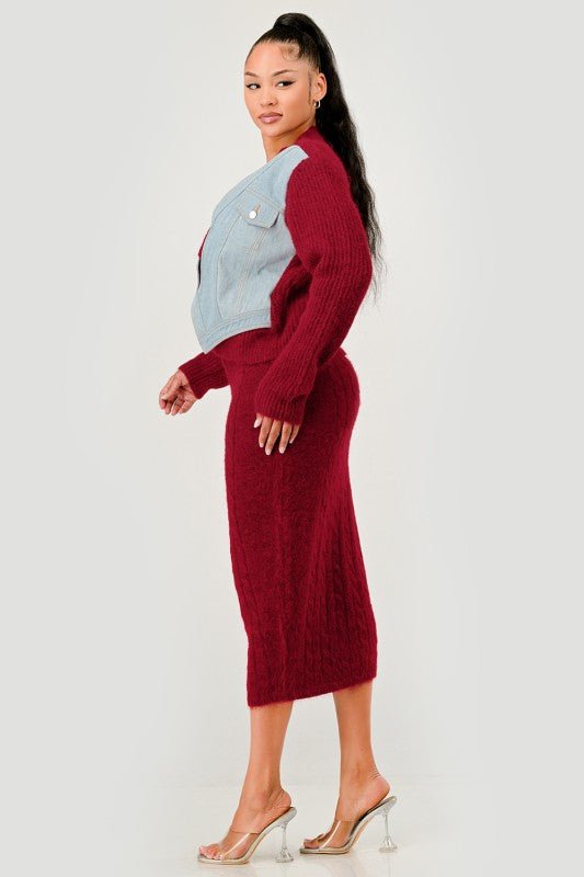 Denim Patchwork Knit Two - Piece Skirt Set - HOUSE OF SHE