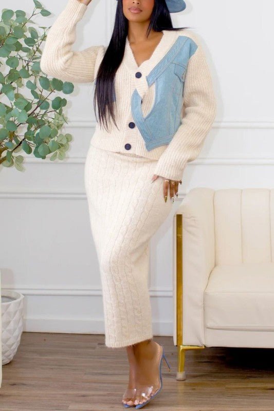 Denim Patchwork Knit Two - Piece Skirt Set - HOUSE OF SHE