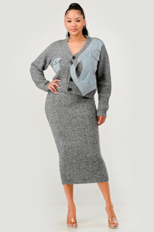 Denim Patchwork Knit Two - Piece Skirt Set - HOUSE OF SHE