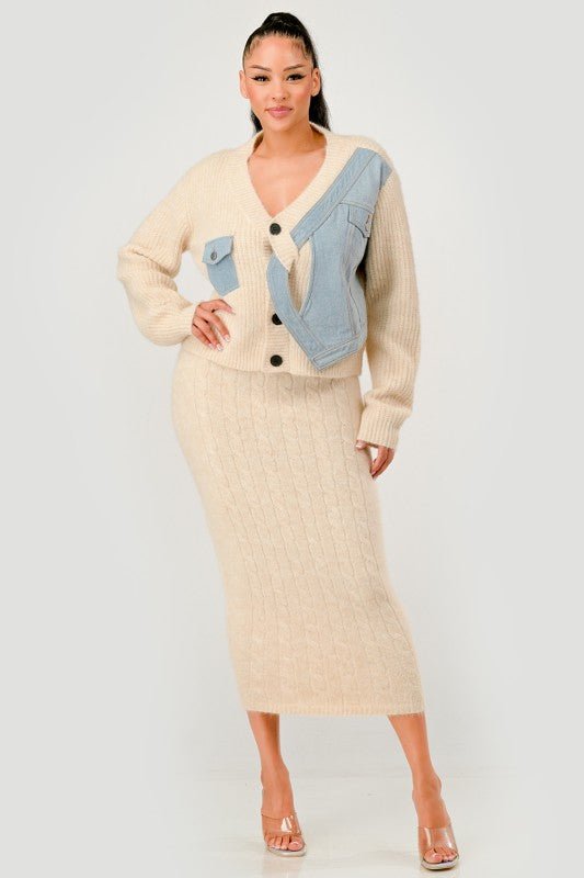 Denim Patchwork Knit Two - Piece Skirt Set - HOUSE OF SHE