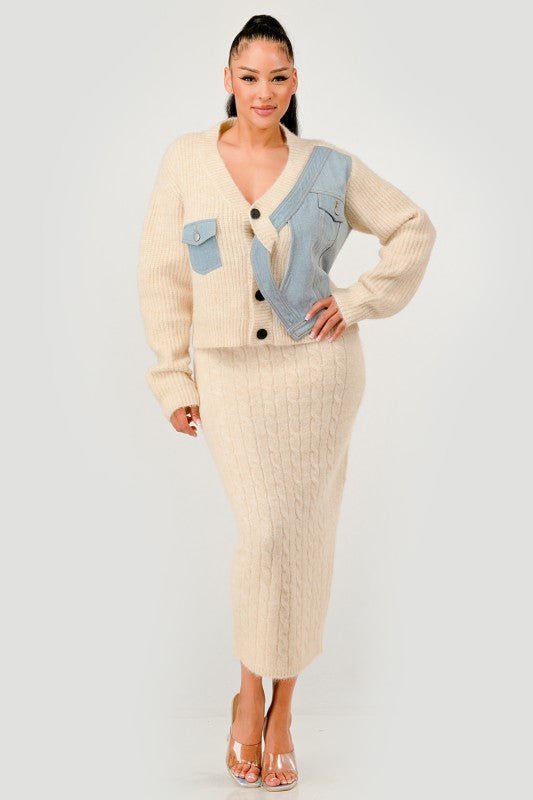 Denim Patchwork Knit Two - Piece Skirt Set - HOUSE OF SHE