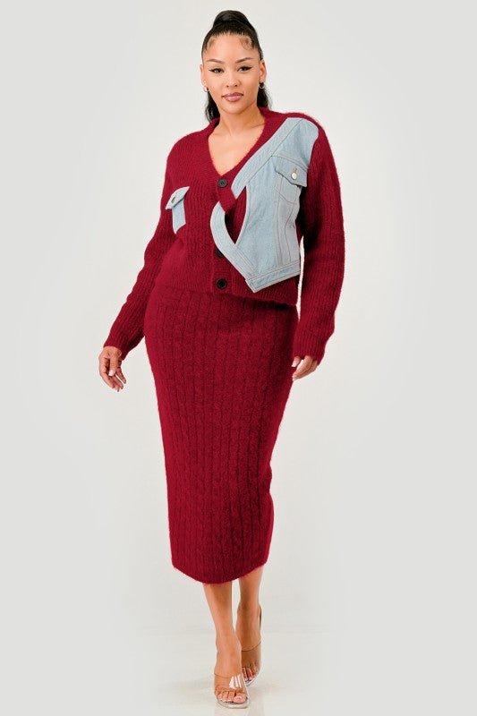 Denim Patchwork Knit Two - Piece Skirt Set - HOUSE OF SHE