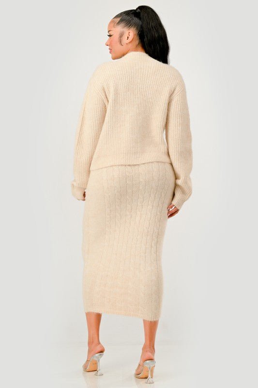 Denim Patchwork Knit Two - Piece Skirt Set - HOUSE OF SHE