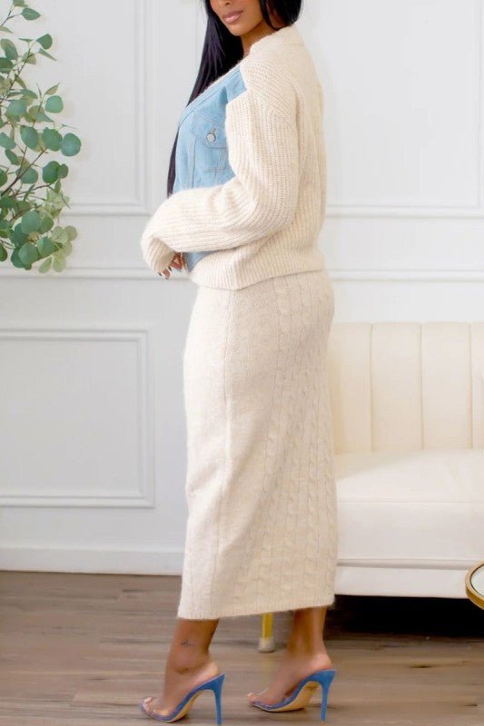Denim Patchwork Knit Two - Piece Skirt Set - HOUSE OF SHE